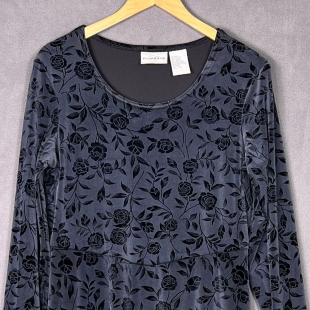 Studio Ease Vintage Stretch Velvet Velour Floral Midi Dress Grey Black Size 10